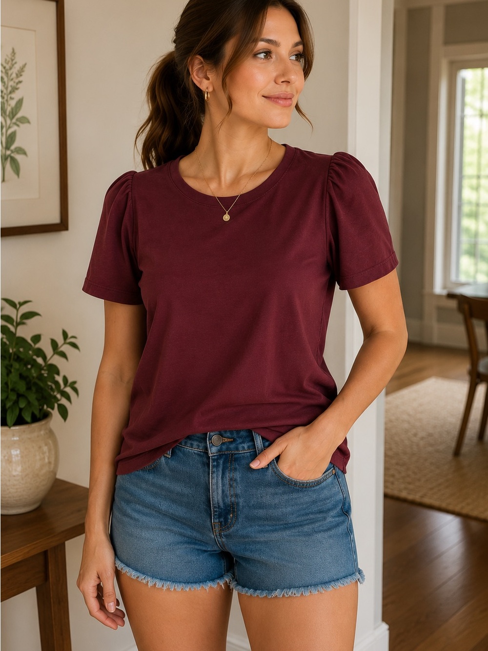 Nine West Burgundy Puff Sleeve Crewneck Tee- Size Medium